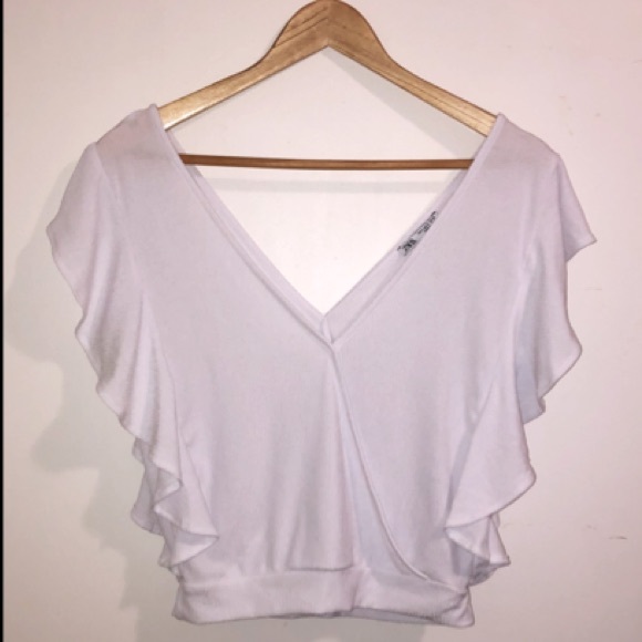 Zara Deep V-Neck White Top with Flutter Sleeves - Picture 1 of 1